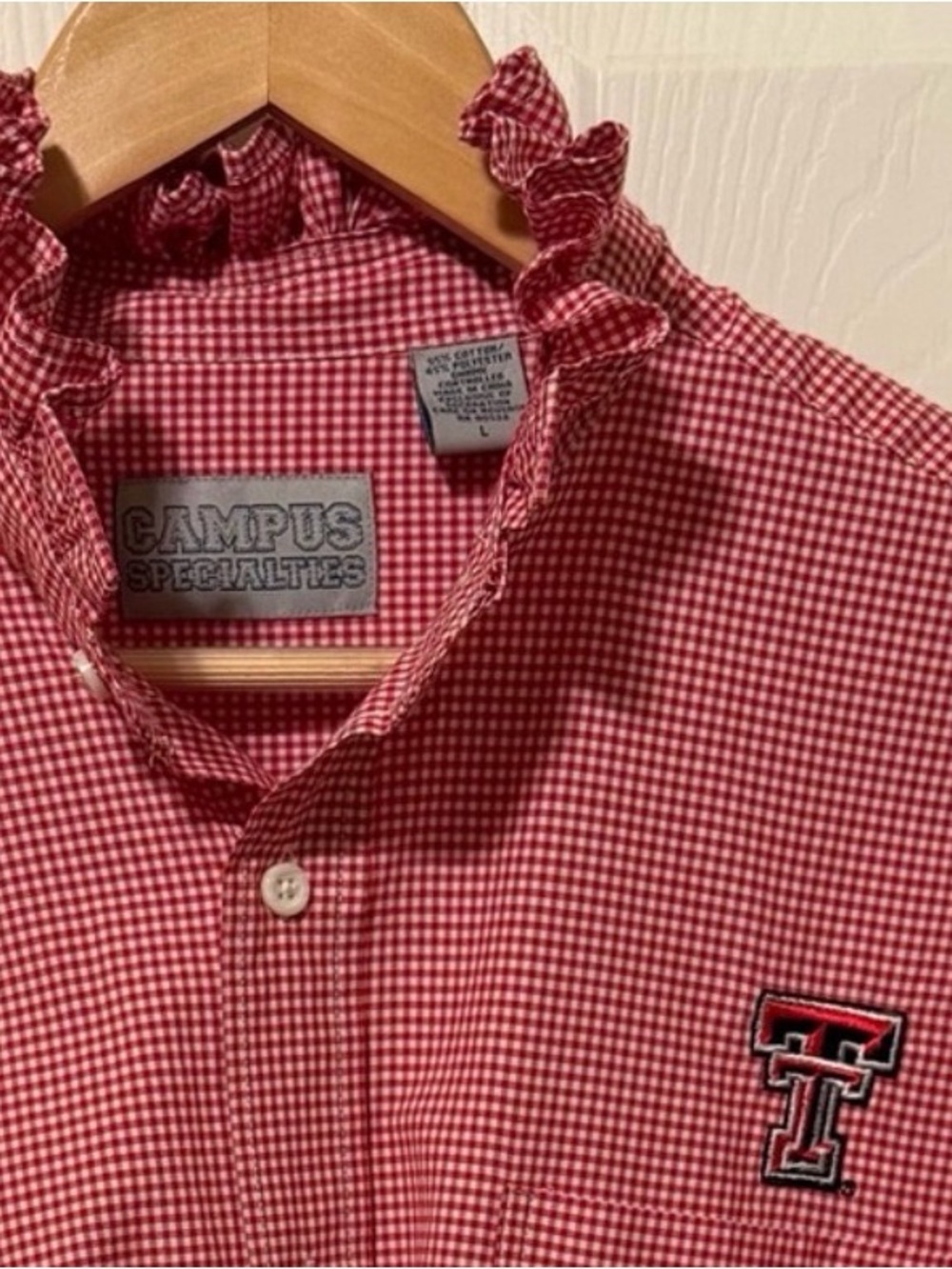 Texas Tech Red White Gingham Upcycled Ruffle Collar Button-Down Shirt men’s L